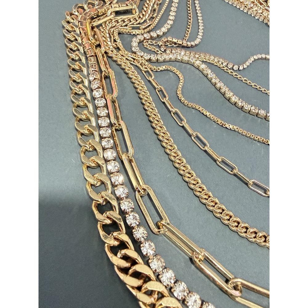 Gold Tone Multi Strand Layered Chain Necklace Rhinestone Statement 24" - Picture 8 of 11